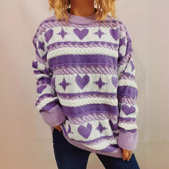 Damen Grobstrickpullover mit verspieltem Herzmuster und Zopfdetails EB