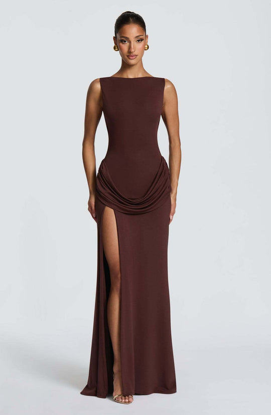 Damen Elegantes Maxikleid mit raffinierter Drapierung und hoch schlitzendem Design EB