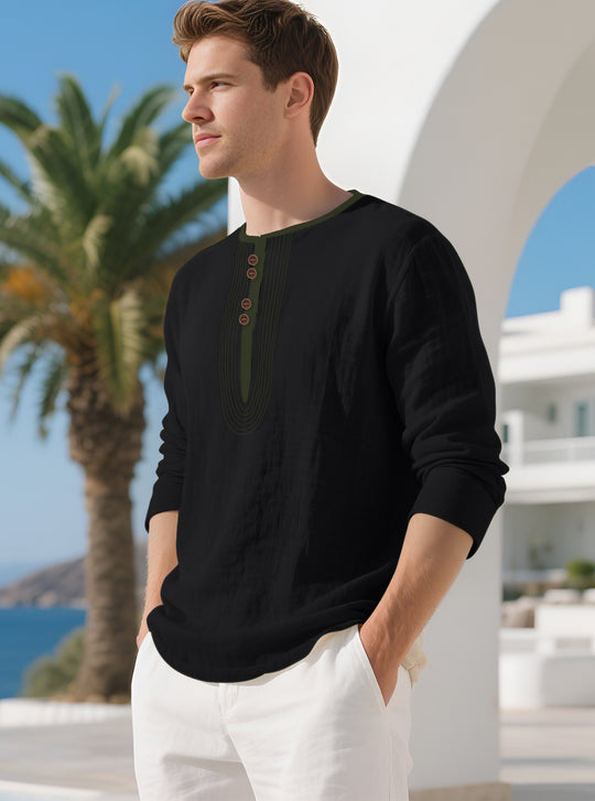 Herren nan lässiges Leinenmix-Langarmshirt mit dekorativer Knopfleiste und Ziersteppung EB