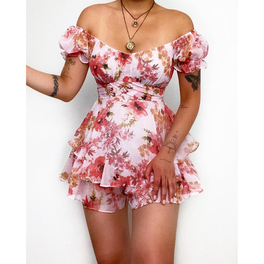 Damen Kurzarm Overall mit romantischem Blumenmuster und fließendem Schnitt EB
