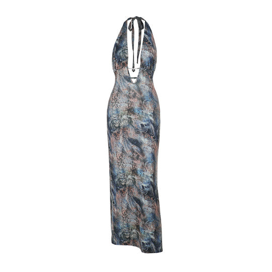 Damen elegantes Maxikleid mit tiefem V-Ausschnitt und verspieltem Halterdesign EB