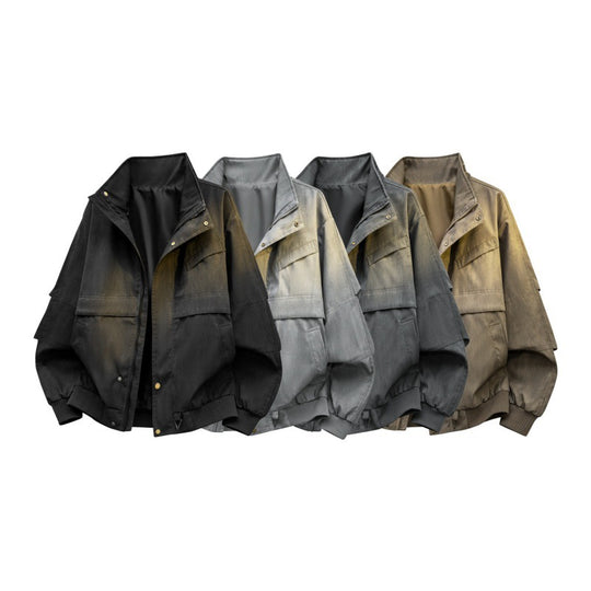 Herren urbaner Canvas-Utility-Blouson mit hohem Kragen, großflächigen Pattentaschen und elastischem Saum EB
