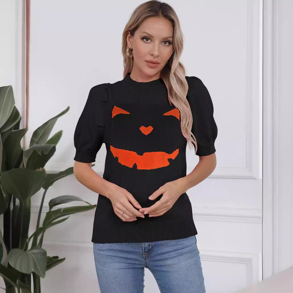 Damen Kurzarm-Pullover mit lässigem Kürbis-Motiv Heidi-Mode