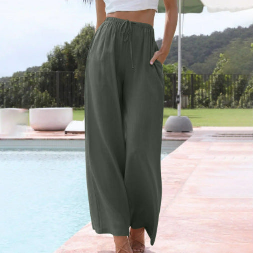 Damen weite Leinenhose mit elastischem Bund und praktischen Seitentaschen EB