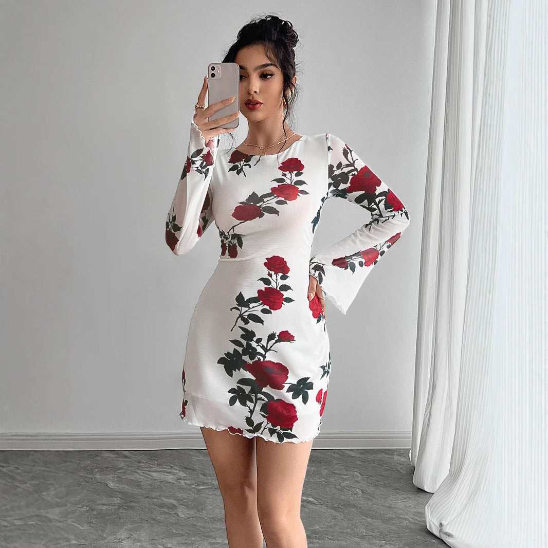 Damen Minikleid mit floralem Design und eleganten Trompetenärmeln EB