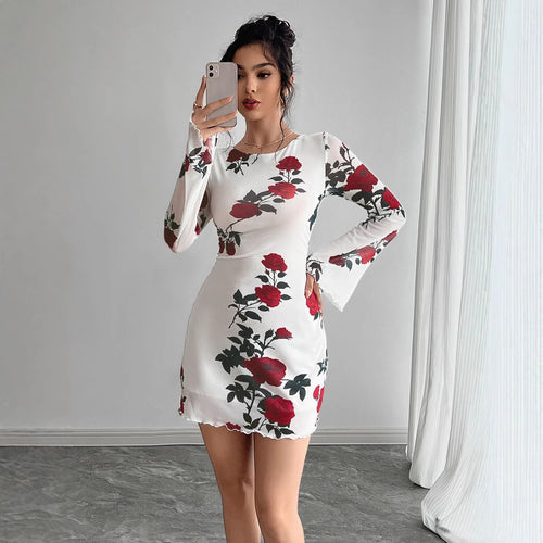 Damen nan figurbetontes Minikleid mit Rosenmuster und Trompetenärmeln EB