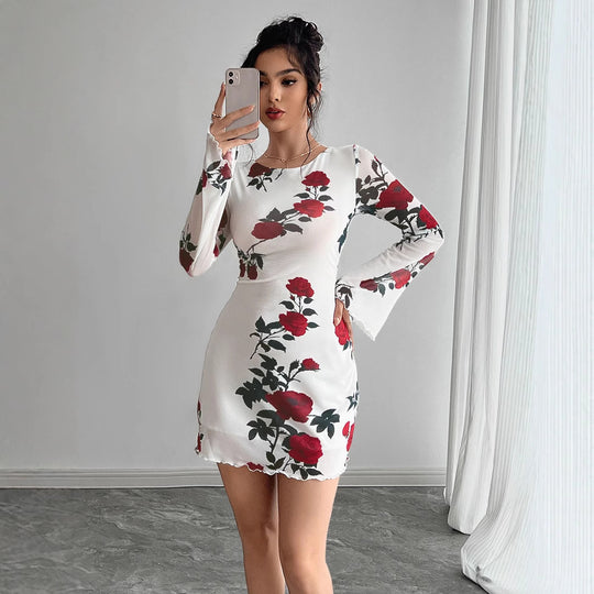 Damen Floral Minikleid mit langen Ärmeln EB