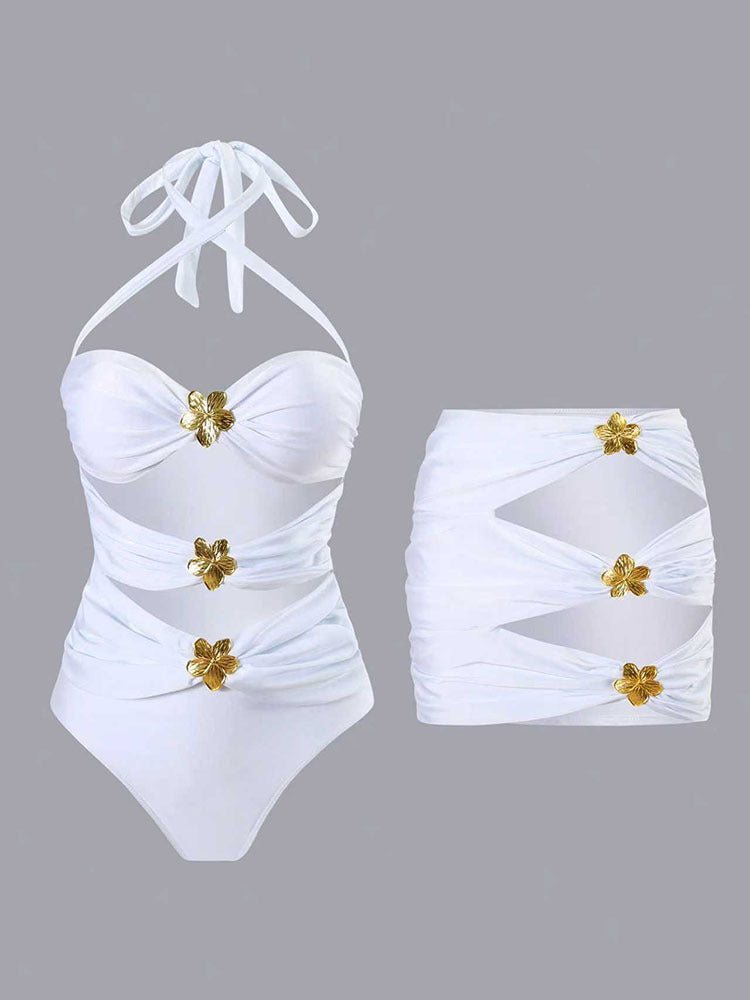 Damen Designer Badeanzug mit elegantem Wickeldesign und goldenen Akzenten EB