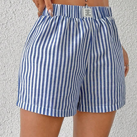 Damen gestreifte Shorts aus leichter Baumwolle mit elastischem Bund EB