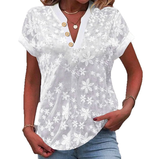 Damen Bluse mit floralem Stickmuster und klassischem V-Ausschnitt EB