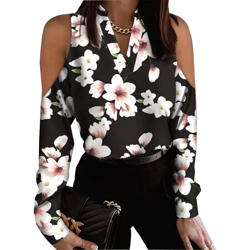 Damen Bluse mit schulterfreier Verarbeitung und floralem Druck EB