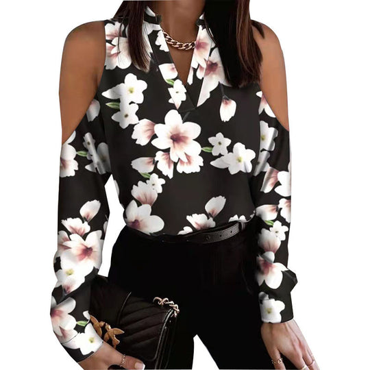 Damen Bluse mit schulterfreier Verarbeitung und floralem Druck EB