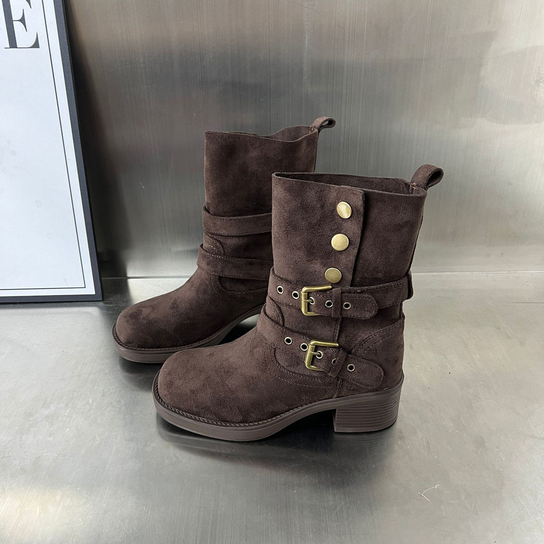 Damen Modische Stiefeletten mit eleganten Schnallen und bequemer Absatzhöhe EB