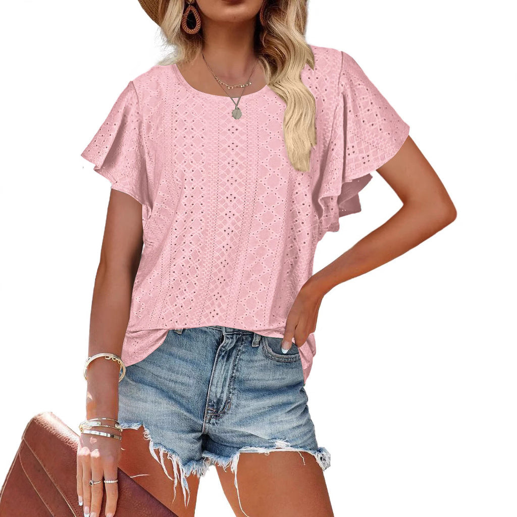Damen Kurzärmlige Bluse mit Rüschendetails und Lochmuster EB