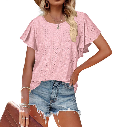 Damen Kurzärmlige Bluse mit Rüschendetails und Lochmuster EB