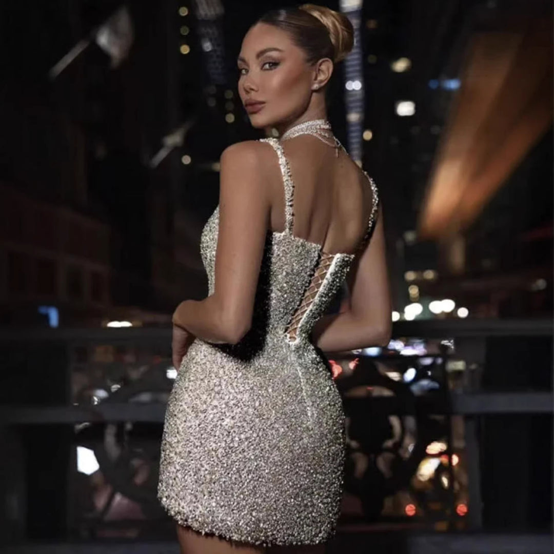 Damen Glamouröses Pailletten-Minikleid mit süßen Schleifen und figurbetontem Design EB