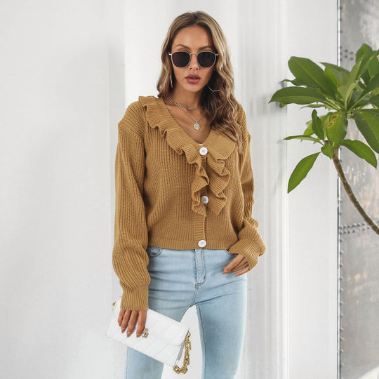 Damen Strickjacke mit Rüschendetails und Knopfverschluss EB