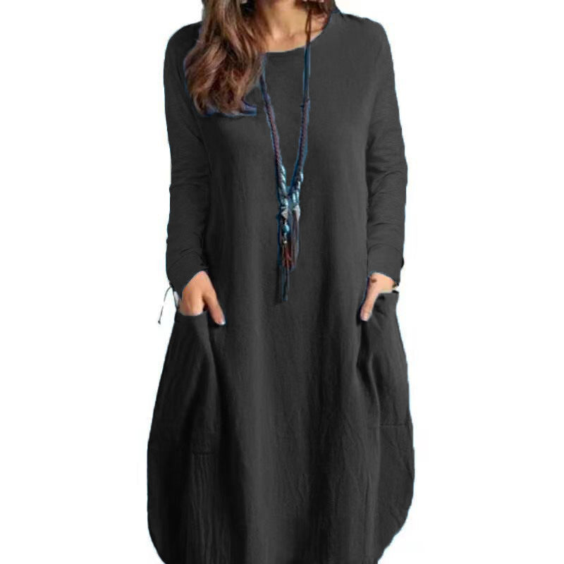 Damen lässiges Freizeitkleid mit seitlichen Taschen und Rundhalsausschnitt EB