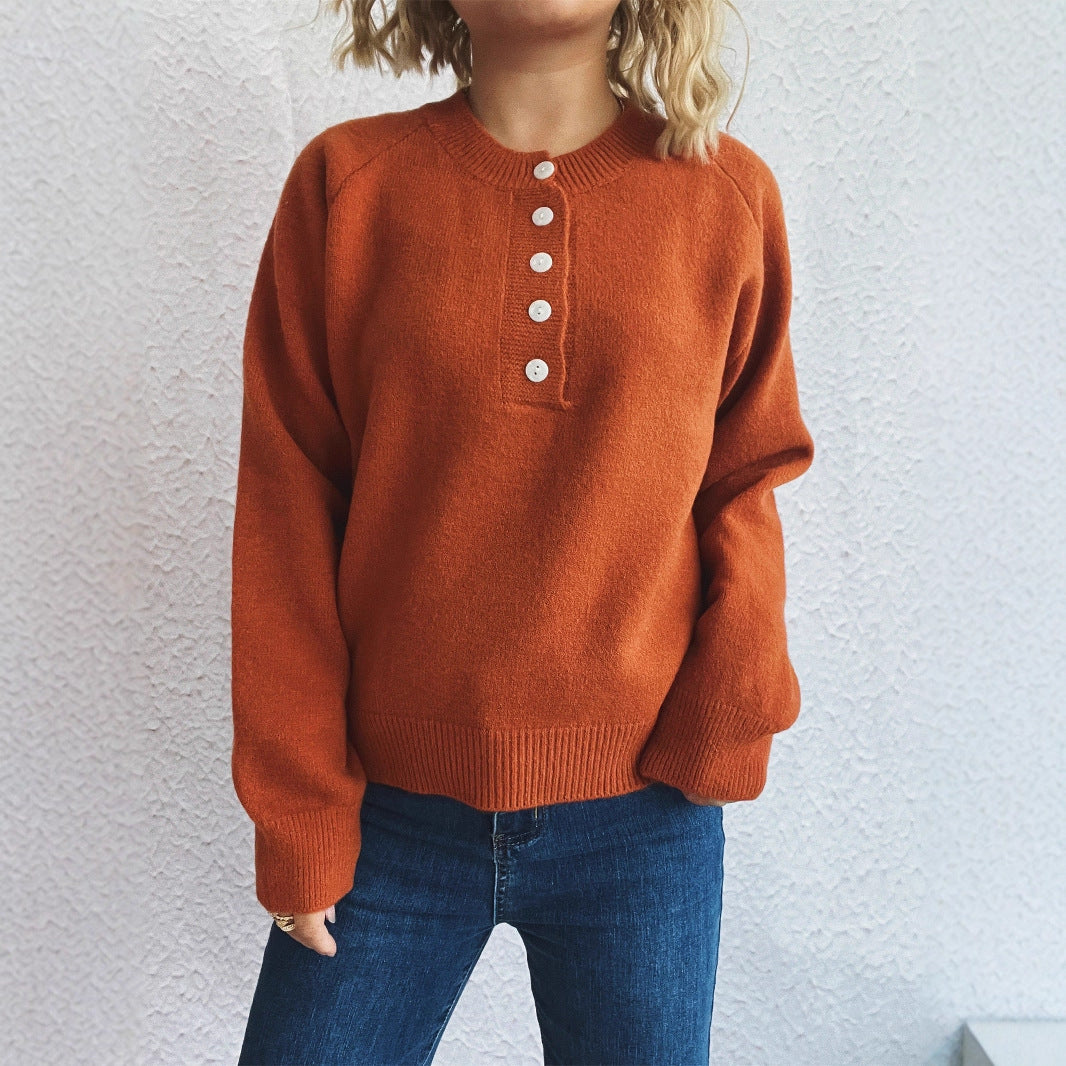 Damen gemütlicher Strickpullover mit Knopfdetails EB