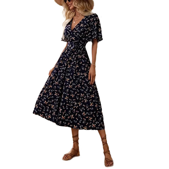 Damen Wickelkleid mit floralem Design und modischem V-Ausschnitt EB