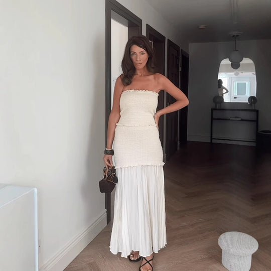 Damen modisches und elegantes Maxikleid mit Rüschendetails und plissiertem Rock EB