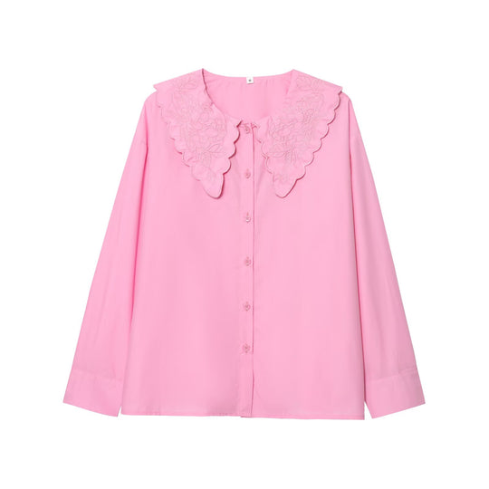 Damen elegante Bluse mit floralen Stickereien und Knopfleiste EB