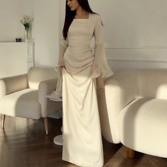 Damen Abendkleid mit Quadrat-Ausschnitt, transparenten Glockenärmeln und drapierter Taillenpartie EB