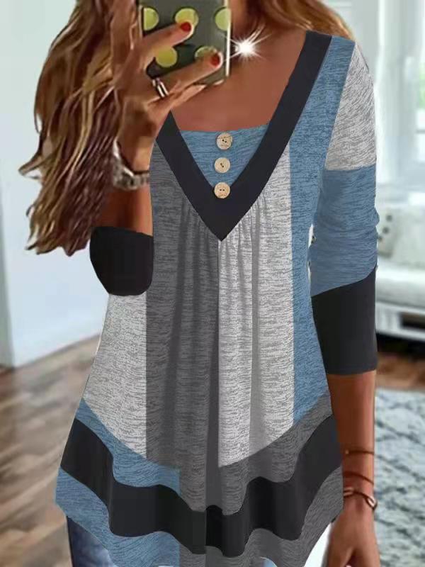 Damen Colorblock V-Ausschnitt Sweatshirt mit grafischem Print EB