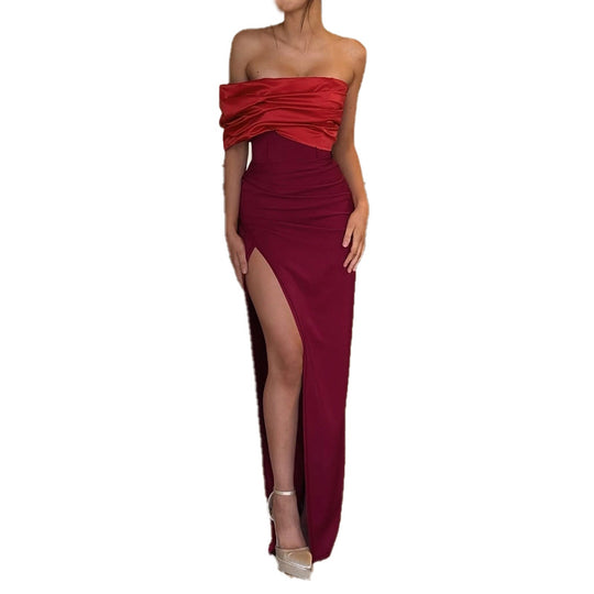 Damen schulterfreies Abendkleid mit elegantem Drapierungseffekt und hohem Schlitz EB