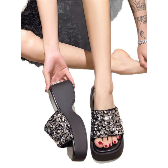 Damen Plateau-Sandalen mit glitzerndem Riemendesign EB