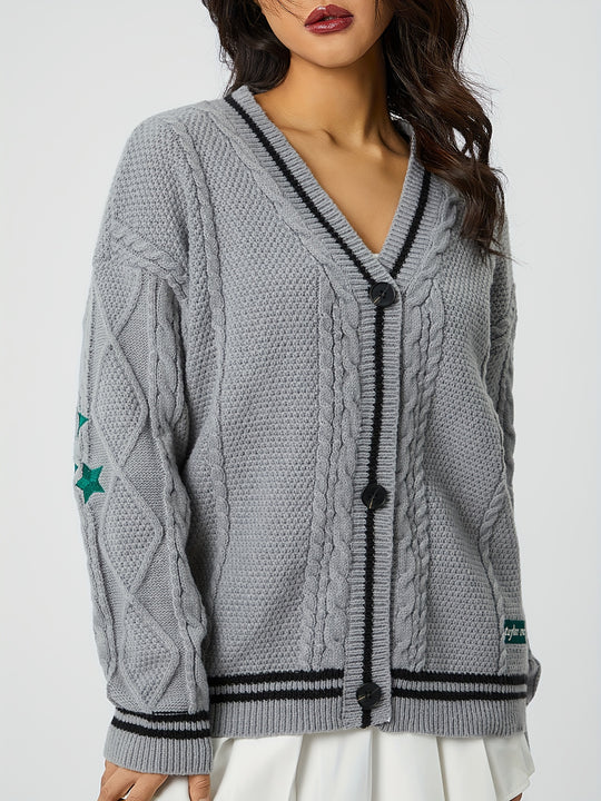 Damen nan oversized Zopfstrick Cardigan mit V-Ausschnitt und kontrastierenden Strickkanten EB