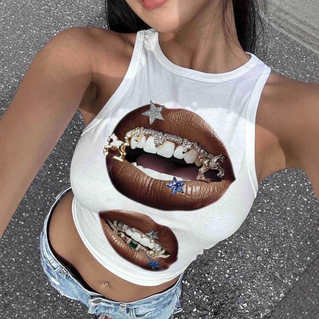 Damen Tanktop mit künstlerischem Lippenmotiv und figurbetontem Schnitt EB