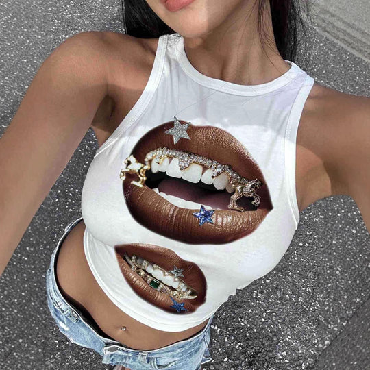 Damen Tanktop mit künstlerischem Lippenmotiv und figurbetontem Schnitt EB