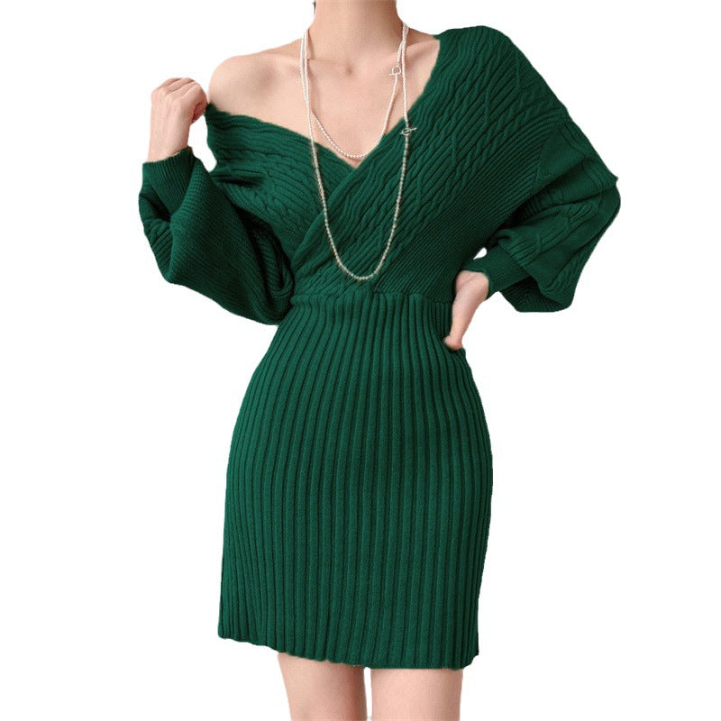 Damen Elegantes Strickkleid mit V-Ausschnitt und strukturiertem Oberteil EB