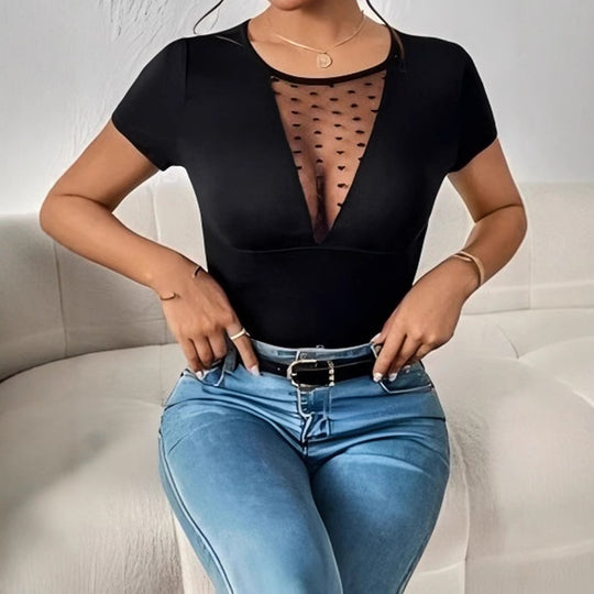 Damen Body mit tiefem V-Ausschnitt und transparenter Netzeinsätzen EB