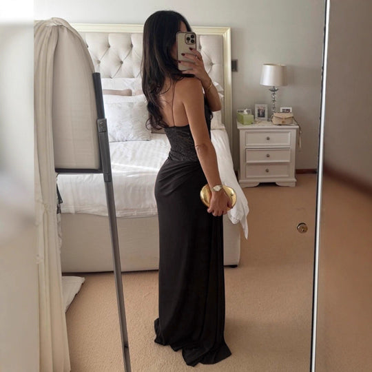 Damen Elegantes Cocktailkleid mit Spitzenoberteil und fließendem Rock EB