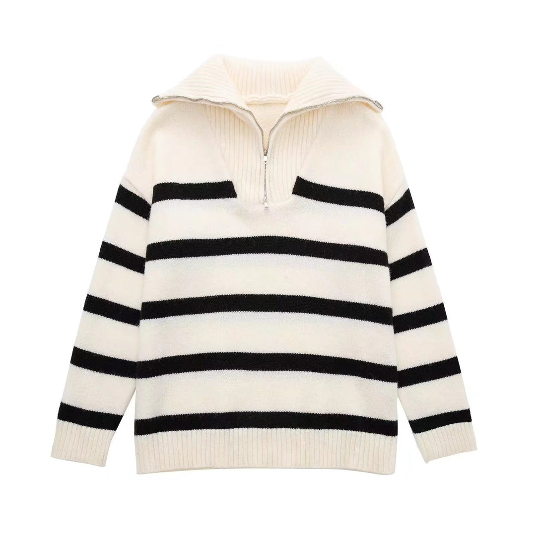 Damen Gestreifter Halb-Reißverschluss Strickpullover mit Rippenkragen EB