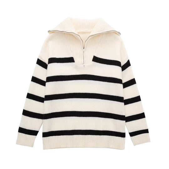 Damen Gestreifter Halb-Reißverschluss Strickpullover mit Rippenkragen EB