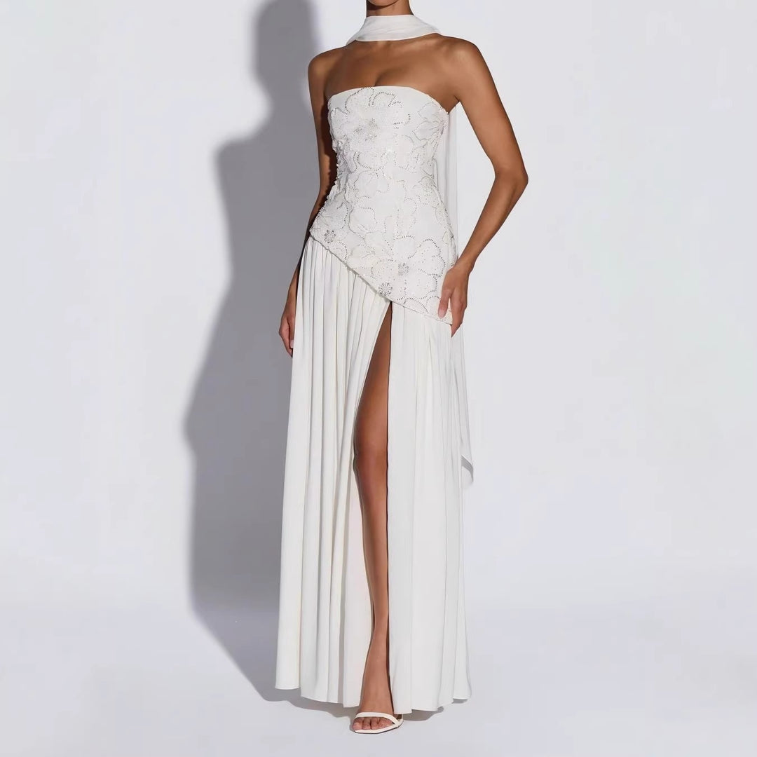 Damen Strapless Abendkleid mit seitlichem Schlitz und floralen Applikationen EB
