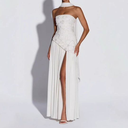 Damen Strapless Abendkleid mit seitlichem Schlitz und floralen Applikationen EB