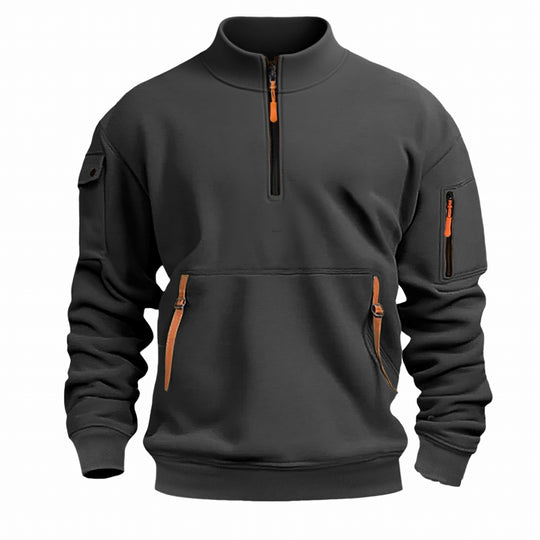 Herren nan Sweatshirt mit Stehkragen, halbem Reißverschluss, Kängurutasche und Ärmeltasche EB