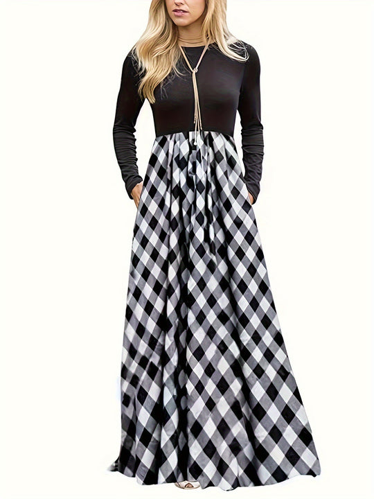 Damen Maxikleid mit modernem Karomuster und langen Ärmeln EB