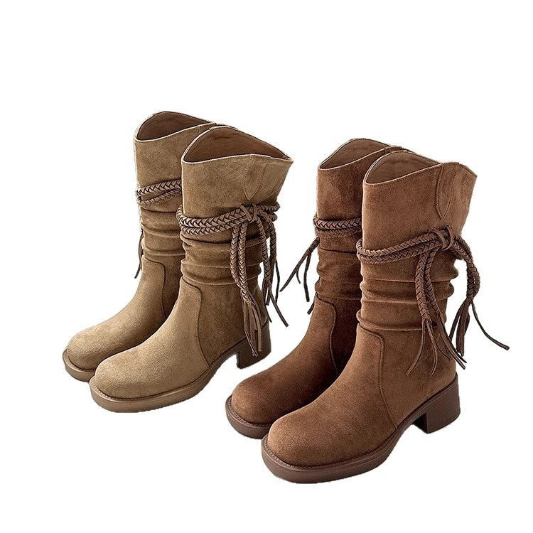 Damen Overknee-Stiefel mit dekorativen Knoten und weichem Wildleder EB
