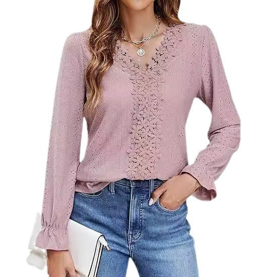 Damen elegante Bluse mit floralem Design und V-Ausschnitt EB