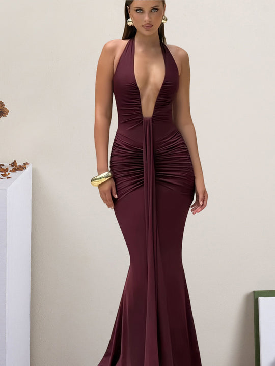 Damen Elegantes Wickelkleid mit tiefem V-Ausschnitt und fließendem Rock EB