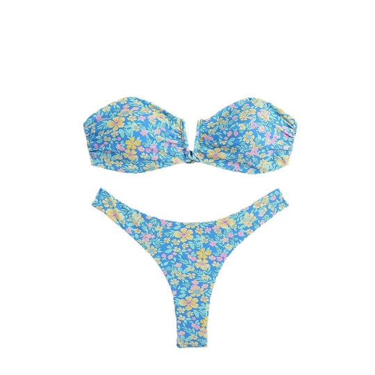 Damen Bandeau-Bikini mit floralem Design und elegantem Verschluss EB