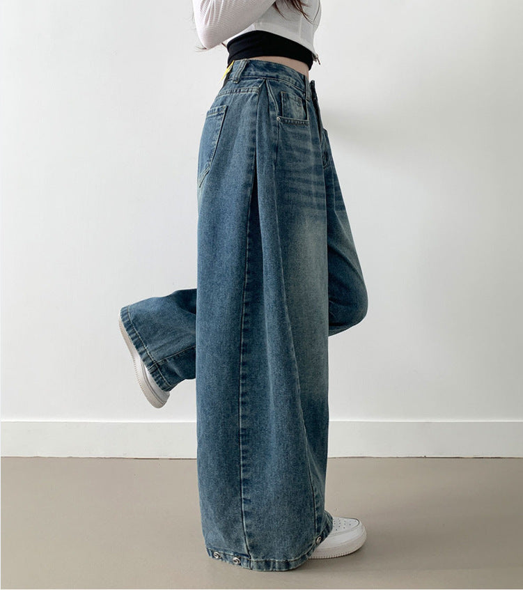 Damen Weite High-Waist Denim-Hose mit Faltenwurf EB