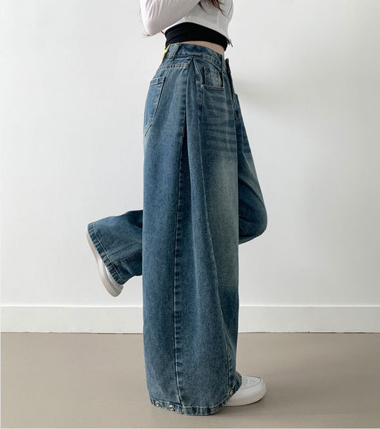 Damen Weite High-Waist Denim-Hose mit Faltenwurf EB
