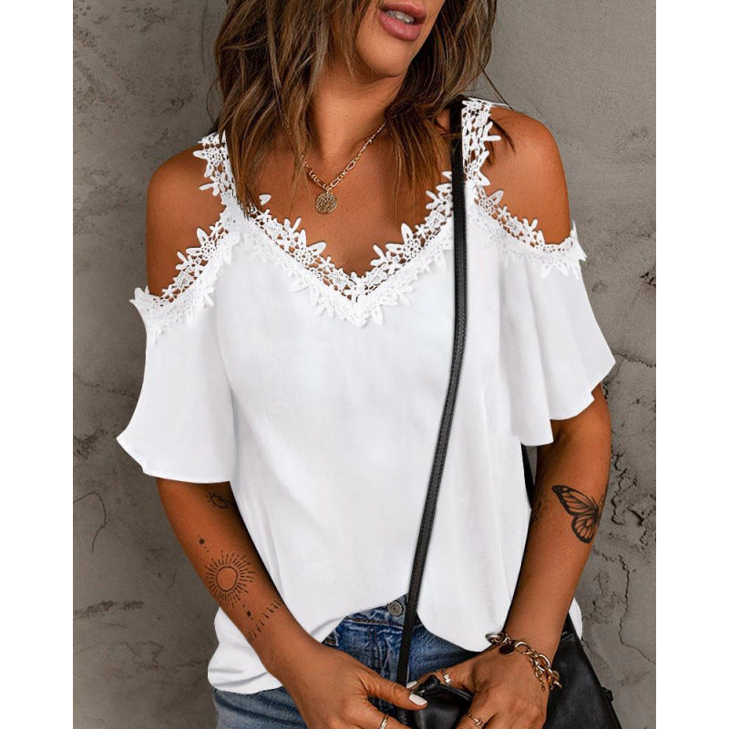 Damen Cold-Shoulder Spitzenbesatz Oberteil EB
