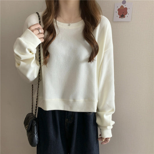 Damen lässiger cropped Pullover aus weichem Baumwollmix mit modischem Rundhalsausschnitt EB